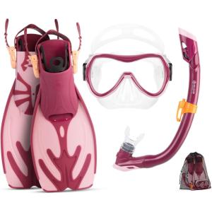 imageOutdoorMaster Marlin Kids Mask Fins Snorkel Set Dry Top Snorkeling Gear with Adjustable Fins AntiFog Snorkel Mask Set for Boys and Girls Age 616Rose Pink