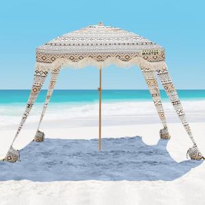 imageOutdoorMaster Beach Cabana with Fringes Portable 6 x 6 Beach Canopy for Sand Easy Set Up Beach Shelter Included Side Wall UPF 50 UV Protection Sun Umbrella  for Family ampamp FriendsVintage Browna