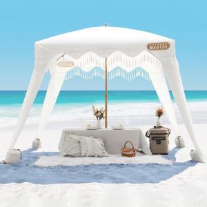 imageOutdoorMaster Beach Cabana with Fringes Portable 6 x 6 Beach Canopy for Sand Easy Set Up Beach Shelter Included Side Wall UPF 50 UV Protection Sun Umbrella  for Family ampamp FriendsRomantic White
