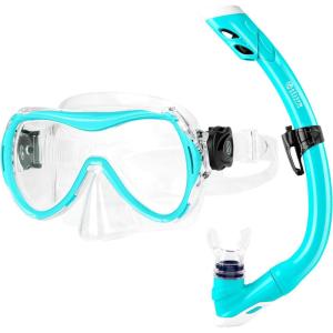 imageOutdoorMaster Marlin Kids Snorkel Set Adjustable Strap Dry Top Diving Mask AntiFog Snorkeling Mask Gear Kids Swimming Goggles for Boys and Girls Age 614Blue
