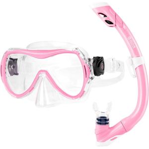 imageOutdoorMaster Marlin Kids Snorkel Set Adjustable Strap Dry Top Diving Mask AntiFog Snorkeling Mask Gear Kids Swimming Goggles for Boys and Girls Age 614Pink