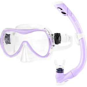 imageOutdoorMaster Marlin Kids Snorkel Set Adjustable Strap Dry Top Diving Mask AntiFog Snorkeling Mask Gear Kids Swimming Goggles for Boys and Girls Age 614Purple