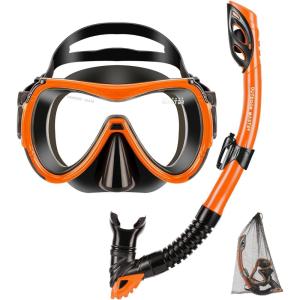 imageOutdoorMaster Mobula Snorkeling Gear for Adults Diving Mask and Snorkel Set with Tempered Glass AntiFog TOP Dry Snorkel for Diving Snorkeling SwimmingOrange