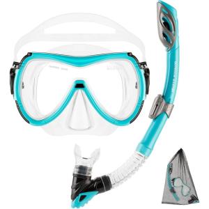 imageOutdoorMaster Mobula Snorkeling Gear for Adults Diving Mask and Snorkel Set with Tempered Glass AntiFog TOP Dry Snorkel for Diving Snorkeling SwimmingAqua