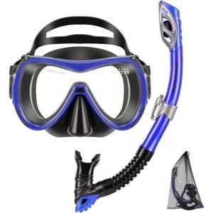 imageOutdoorMaster Mobula Snorkeling Gear for Adults Diving Mask and Snorkel Set with Tempered Glass AntiFog TOP Dry Snorkel for Diving Snorkeling SwimmingBlue