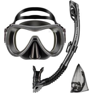 imageOutdoorMaster Mobula Snorkeling Gear for Adults Diving Mask and Snorkel Set with Tempered Glass AntiFog TOP Dry Snorkel for Diving Snorkeling SwimmingBlack