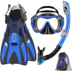 imageOutdoorMaster Mobula Snorkeling Gear for AdultsMask Fins Snorkel Set with Panoramic View AntiFog Dry Top Scuba Gear for Swimming Snorkeling DivingBlue Black