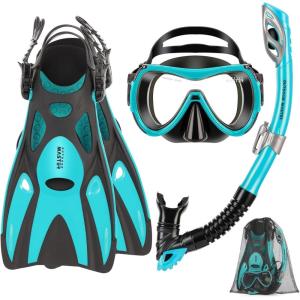 imageOutdoorMaster Mobula Snorkeling Gear for AdultsMask Fins Snorkel Set with Panoramic View AntiFog Dry Top Scuba Gear for Swimming Snorkeling DivingGreen Black