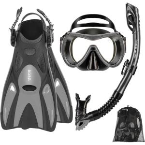 imageOutdoorMaster Mobula Snorkeling Gear for AdultsMask Fins Snorkel Set with Panoramic View AntiFog Dry Top Scuba Gear for Swimming Snorkeling DivingGrey Black