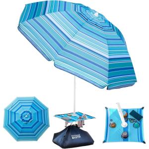 imageOutdoorMaster Updated DualFold Beach Umbrellas for Sand with Sandbag ampamp Anchor 65ft Adjustable Umbrella for Beach Heavy Duty Wind Portable UPF50 Sunshade with Carry Bag for Patio Navy StripedB03 New VersionLight Blue Striped with Cup Holder