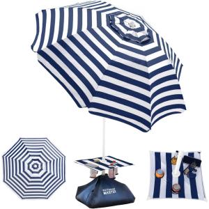 imageOutdoorMaster Updated DualFold Beach Umbrellas for Sand with Sandbag ampamp Anchor 65ft Adjustable Umbrella for Beach Heavy Duty Wind Portable UPF50 Sunshade with Carry Bag for Patio Navy StripedB01 New VersionNavy Striped with Cup Holder
