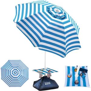 imageOutdoorMaster Updated DualFold Beach Umbrellas for Sand with Sandbag ampamp Anchor 65ft Adjustable Umbrella for Beach Heavy Duty Wind Portable UPF50 Sunshade with Carry Bag for Patio Navy StripedNew VersionBlue Striped with Cup Holder