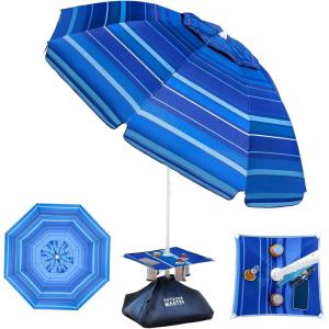 imageOutdoorMaster Updated DualFold Beach Umbrellas for Sand with Sandbag ampamp Anchor 65ft Adjustable Umbrella for Beach Heavy Duty Wind Portable UPF50 Sunshade with Carry Bag for Patio Navy StripedNew VersionDark Blue Striped with Cup Holder