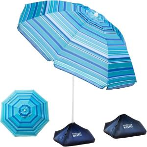imageOutdoorMaster Updated DualFold Beach Umbrellas for Sand with Sandbag ampamp Anchor 65ft Adjustable Umbrella for Beach Heavy Duty Wind Portable UPF50 Sunshade with Carry Bag for Patio Navy StripedA03 Light Blue Striped