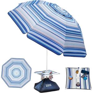 imageOutdoorMaster Updated DualFold Beach Umbrellas for Sand with Sandbag ampamp Anchor 65ft Adjustable Umbrella for Beach Heavy Duty Wind Portable UPF50 Sunshade with Carry Bag for Patio Navy StripedB02 New VersionBlueWhite Striped with Cup Holder