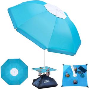 imageOutdoorMaster Updated DualFold Beach Umbrellas for Sand with Sandbag ampamp Anchor 65ft Adjustable Umbrella for Beach Heavy Duty Wind Portable UPF50 Sunshade with Carry Bag for Patio Navy StripedNew VersionTurquoise with Cup Holder