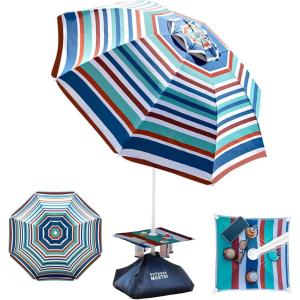 imageOutdoorMaster Updated DualFold Beach Umbrellas for Sand with Sandbag ampamp Anchor 65ft Adjustable Umbrella for Beach Heavy Duty Wind Portable UPF50 Sunshade with Carry Bag for Patio Navy StripedNew VersionBlueRed Striped with Cup Holder
