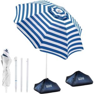 imageOutdoorMaster Updated DualFold Beach Umbrellas for Sand with Sandbag ampamp Anchor 65ft Adjustable Umbrella for Beach Heavy Duty Wind Portable UPF50 Sunshade with Carry Bag for Patio Navy StripedA01 Fold Navy Striped