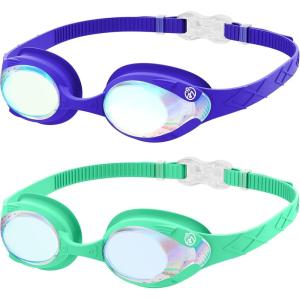image:imageOutdoorMaster Kids Swim Goggles 2 Pack  Quick Adjustable Strap Swimming Goggles for KidsRevo Blue Cyan