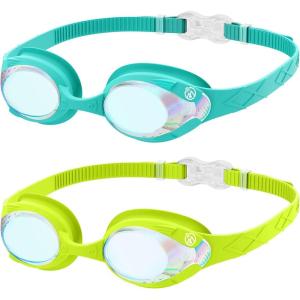 image:imageOutdoorMaster Kids Swim Goggles 2 Pack  Quick Adjustable Strap Swimming Goggles for KidsRevo Green Cyan