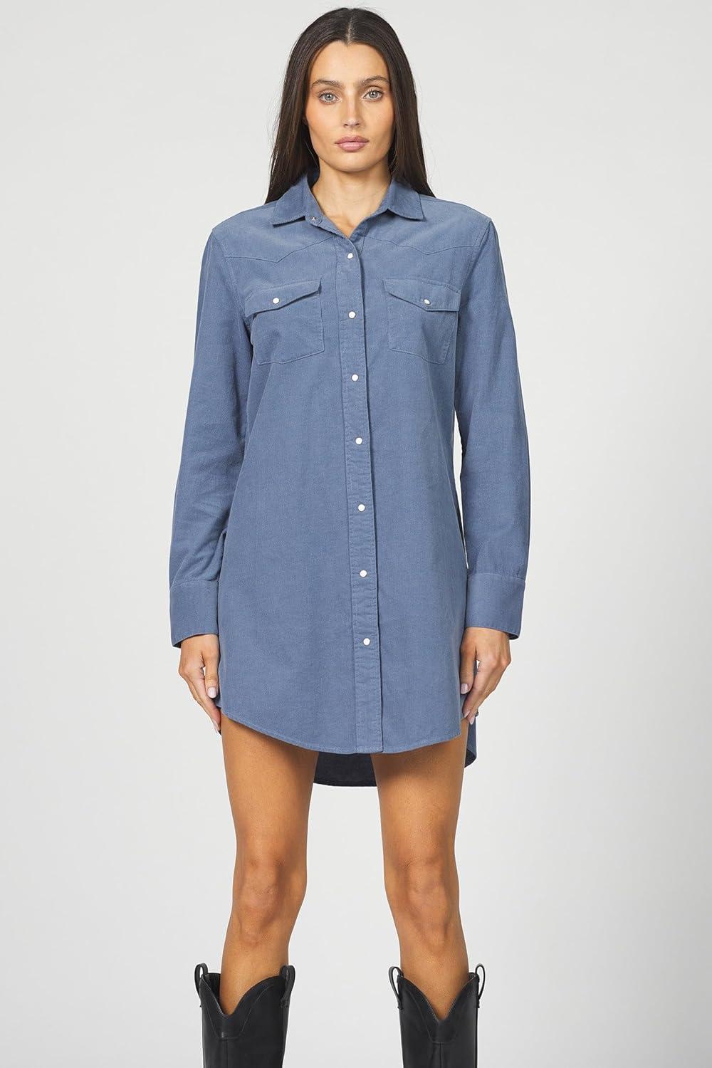 imageDEAR JOHN Rory Dress Midi Length Relaxed Fit Long Sleeve Button Front Corduroy CollaredVintage Indigo