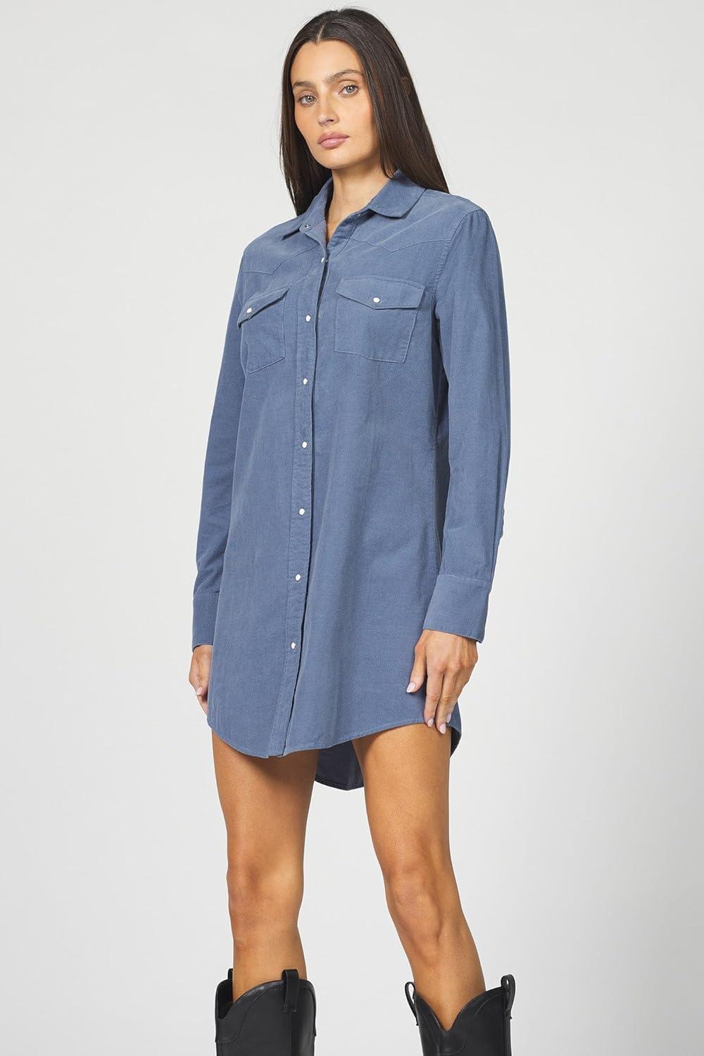 imageDEAR JOHN Rory Dress Midi Length Relaxed Fit Long Sleeve Button Front Corduroy CollaredVintage Indigo