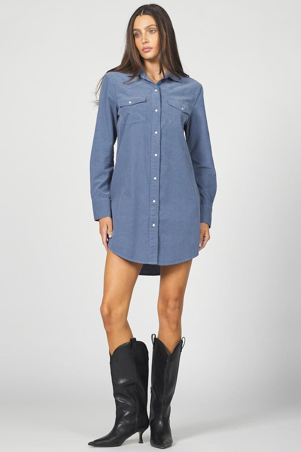imageDEAR JOHN Rory Dress Midi Length Relaxed Fit Long Sleeve Button Front Corduroy CollaredVintage Indigo