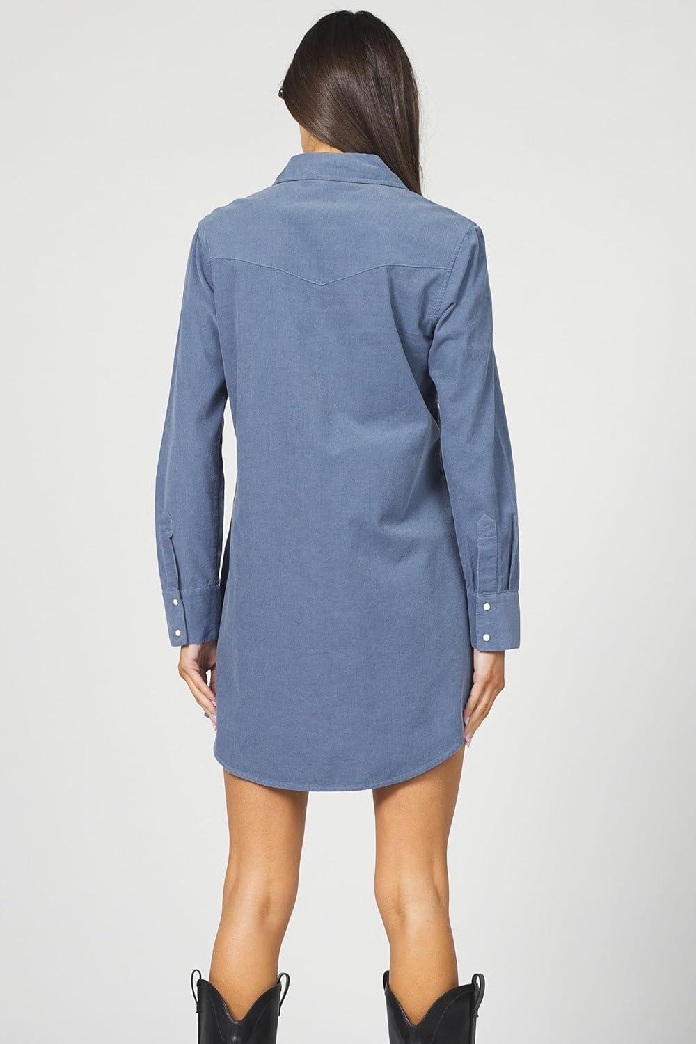 imageDEAR JOHN Rory Dress Midi Length Relaxed Fit Long Sleeve Button Front Corduroy CollaredVintage Indigo