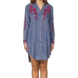 imageDEAR JOHN Bertin Novelty Dress Long Sleeve Embroidered Button Front Relaxed FitIndependence Blue