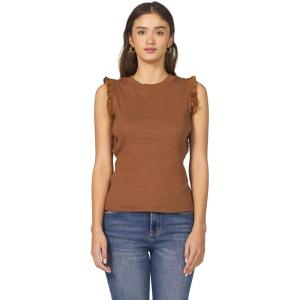 imageDEAR JOHN Bridgette Top Sleeveless Ruffle Detail Slim Fit Crew Neck Polished Casual Blouse Soft Stretch KnitCappuccino