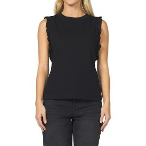 imageDEAR JOHN Bridgette Top Sleeveless Ruffle Detail Slim Fit Crew Neck Polished Casual Blouse Soft Stretch KnitJet Black