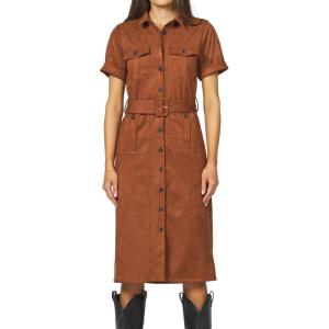 imageDEAR JOHN Raquel Dress Midi Length Classic Fit Button Front Collared Short Sleeve Self BeltedChocolate