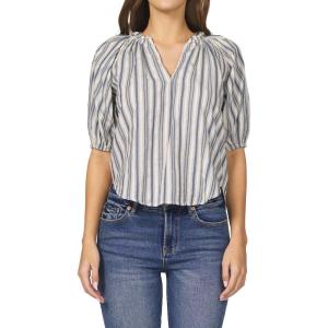 imageDEAR JOHN Costa Novelty Top Womens Poet Blouse VNeck Relaxed Fit Ladder Trim DetailDark Blue Stripe