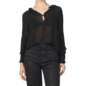 imageDEAR JOHN Jacquel Novelty Blouse Womens Long Sleeve Relaxed Fit Ruffle Front ButtonUp TopBlack