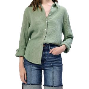imageDEAR JOHN Gaia Poplin Classic Collared Buttonup Long Sleeve Womens ShirtIceberg Green