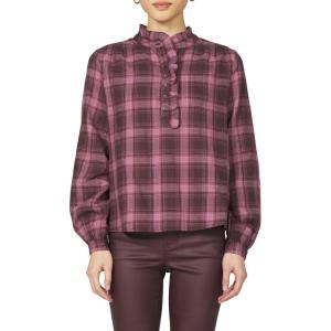 imageDEAR JOHN Chantra Long Sleeve Top Womens Relaxed Fit Henley Ruffle Plaid BlouseFig Plaid