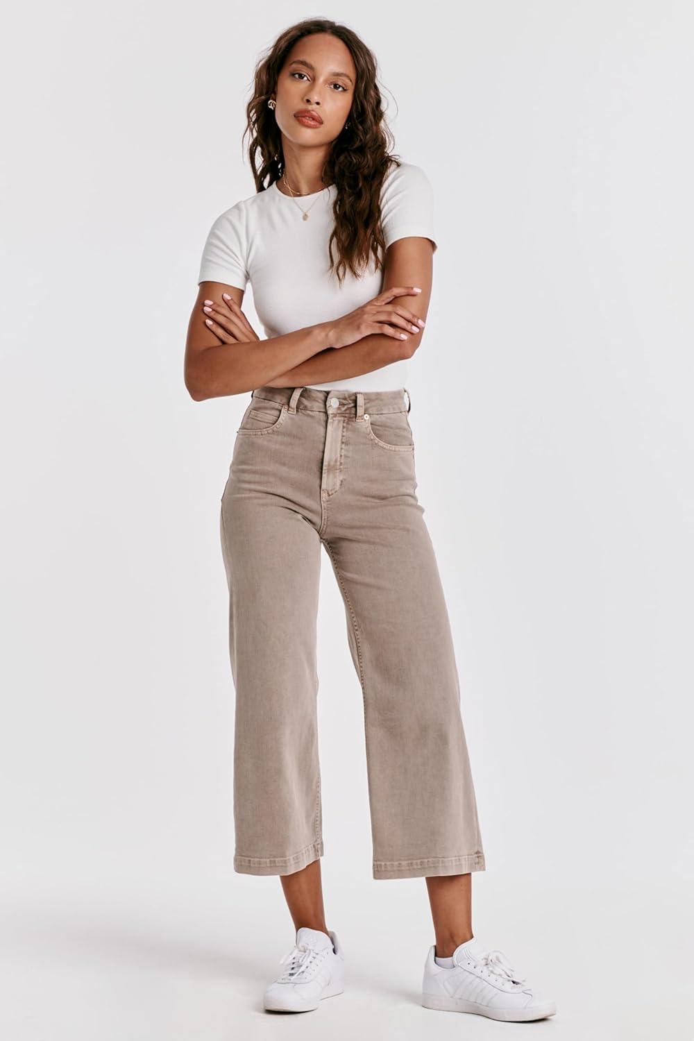 imageDEAR JOHN Audrey Wide Leg Jeans Womens High Rise Cropped Color Denim Comfort Stretch Clean Hem Utility Inspired Tailored FitCashmere