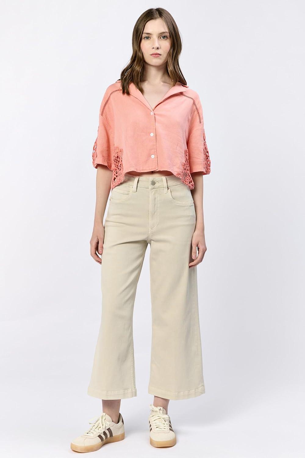 imageDEAR JOHN Audrey Wide Leg Jeans Womens High Rise Cropped Color Denim Comfort Stretch Clean Hem Utility Inspired Tailored FitDawn Blue