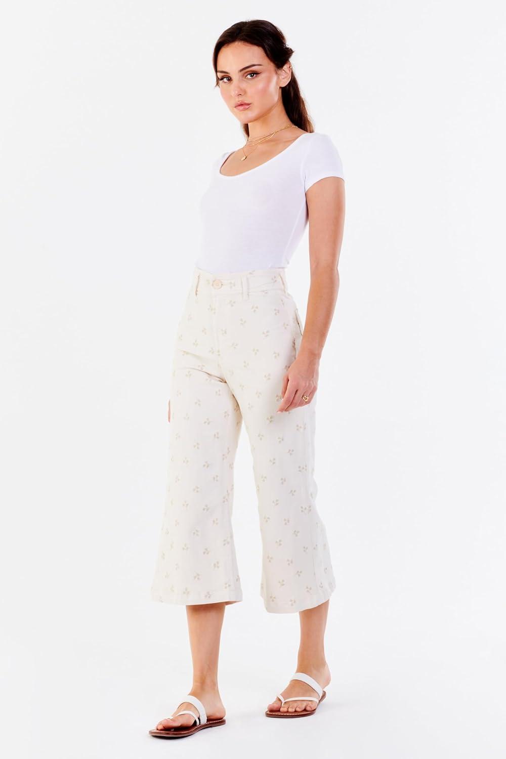 imageDEAR JOHN Audrey Wide Leg Jeans Womens High Rise Cropped Color Denim Comfort Stretch Clean Hem Utility Inspired Tailored FitFloral Wheat