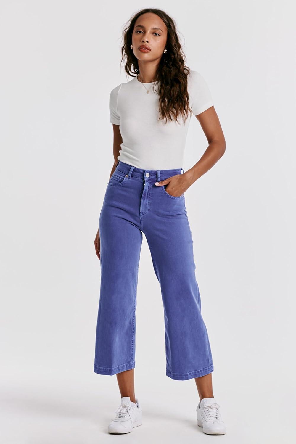 imageDEAR JOHN Audrey Wide Leg Jeans Womens High Rise Cropped Color Denim Comfort Stretch Clean Hem Utility Inspired Tailored FitGalactic Cobalt