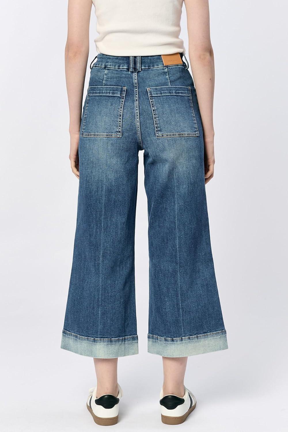 imageDEAR JOHN Audrey Wide Leg Jeans Womens High Rise Cropped Color Denim Comfort Stretch Clean Hem Utility Inspired Tailored FitLagoon