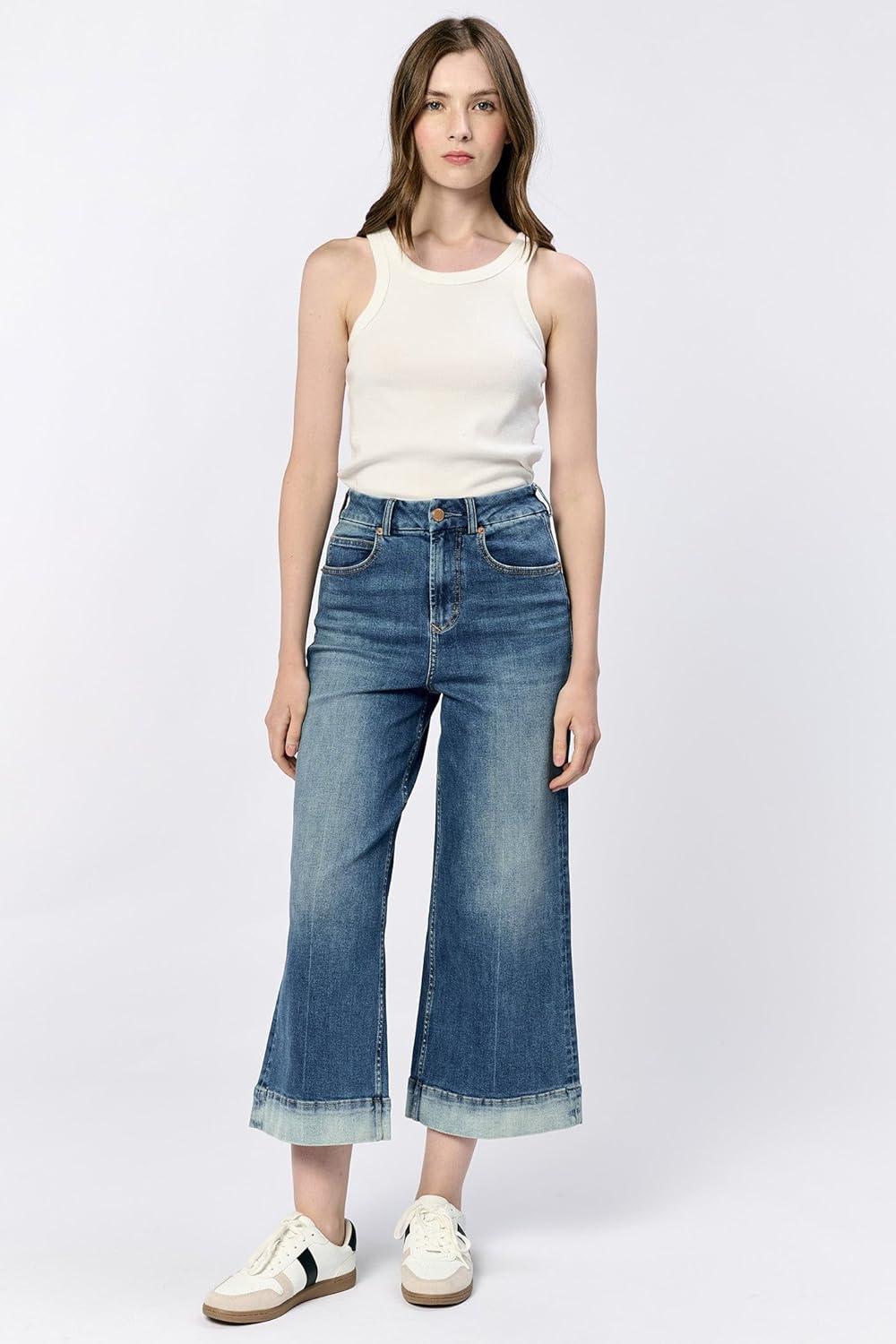 imageDEAR JOHN Audrey Wide Leg Jeans Womens High Rise Cropped Color Denim Comfort Stretch Clean Hem Utility Inspired Tailored FitLagoon