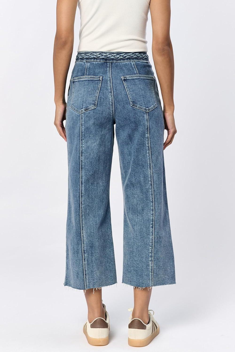 imageDEAR JOHN Audrey Wide Leg Jeans Womens High Rise Cropped Color Denim Comfort Stretch Clean Hem Utility Inspired Tailored FitMaryland