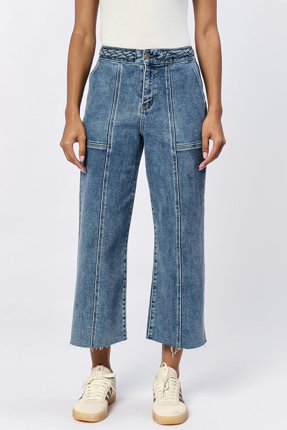 imageDEAR JOHN Audrey Wide Leg Jeans Womens High Rise Cropped Color Denim Comfort Stretch Clean Hem Utility Inspired Tailored FitMaryland