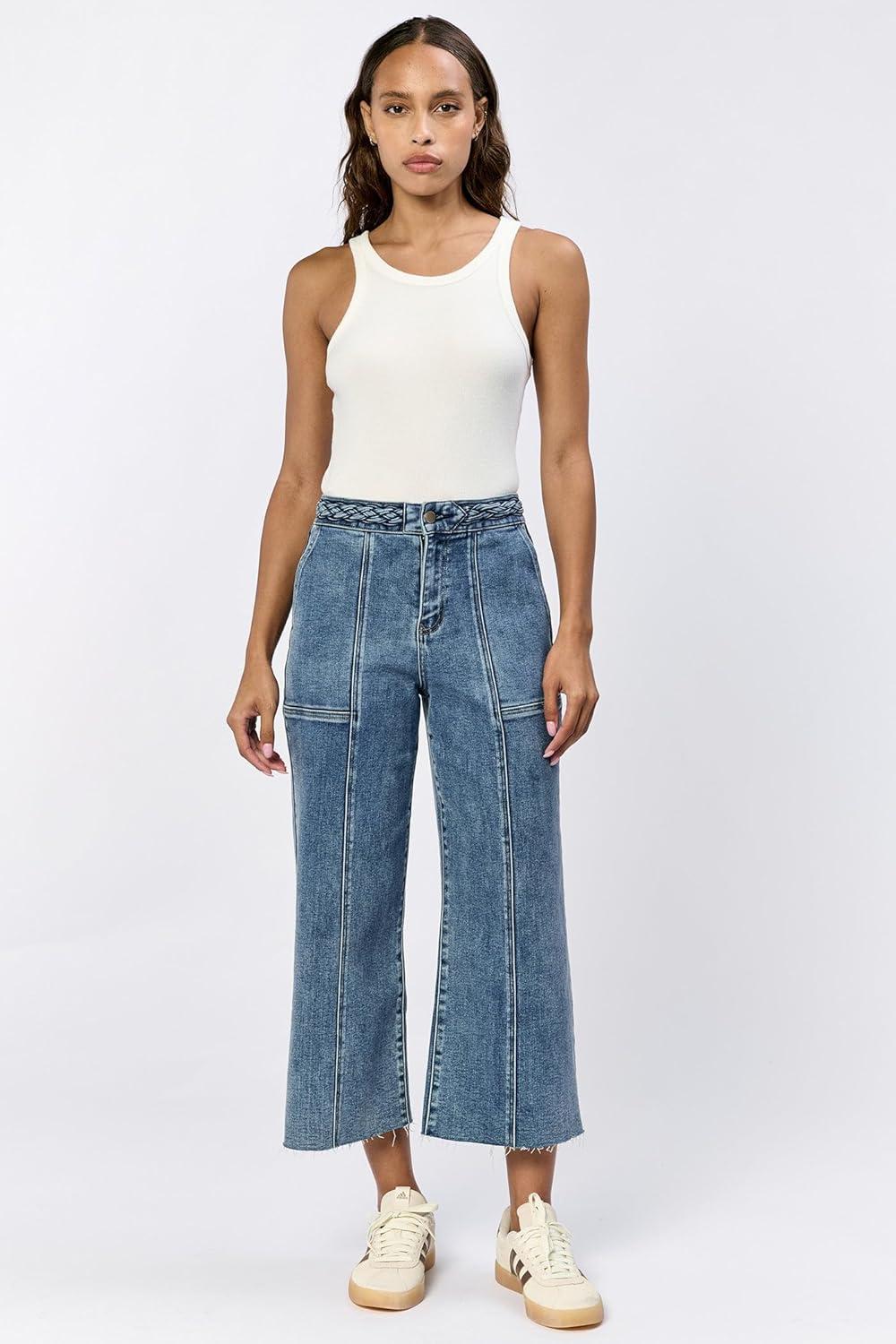 imageDEAR JOHN Audrey Wide Leg Jeans Womens High Rise Cropped Color Denim Comfort Stretch Clean Hem Utility Inspired Tailored FitMaryland