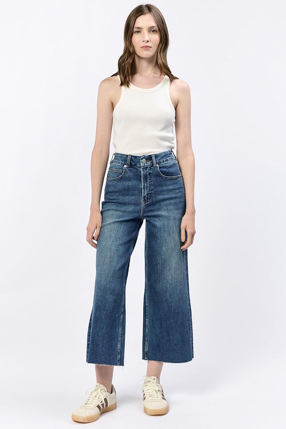 imageDEAR JOHN Audrey Wide Leg Jeans Womens High Rise Cropped Color Denim Comfort Stretch Clean Hem Utility Inspired Tailored FitMeeru