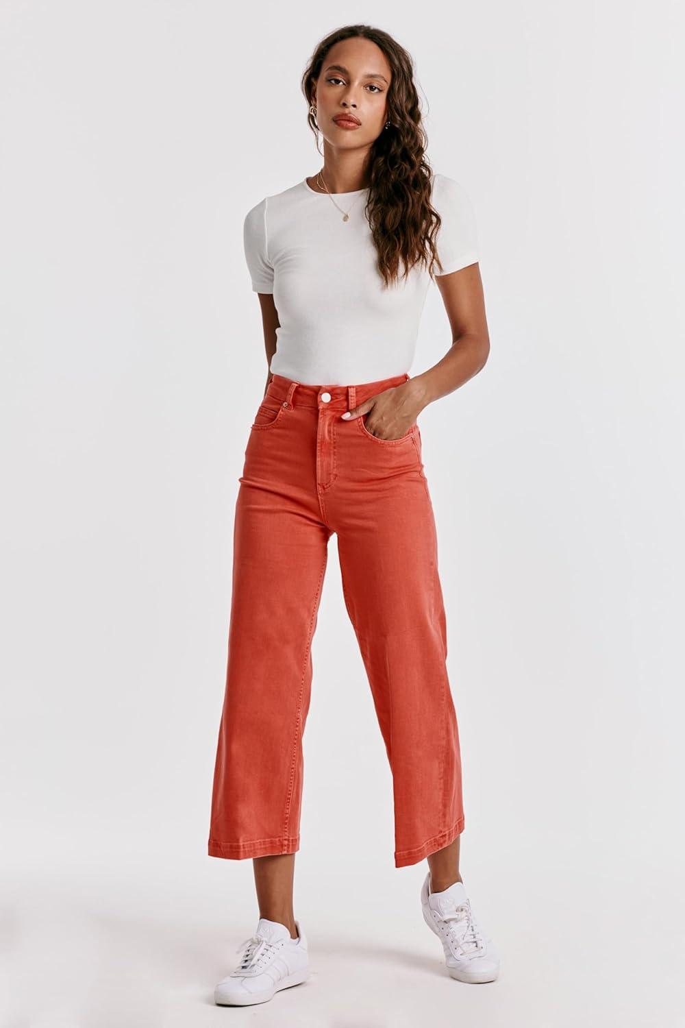 imageDEAR JOHN Audrey Wide Leg Jeans Womens High Rise Cropped Color Denim Comfort Stretch Clean Hem Utility Inspired Tailored FitRadient Red