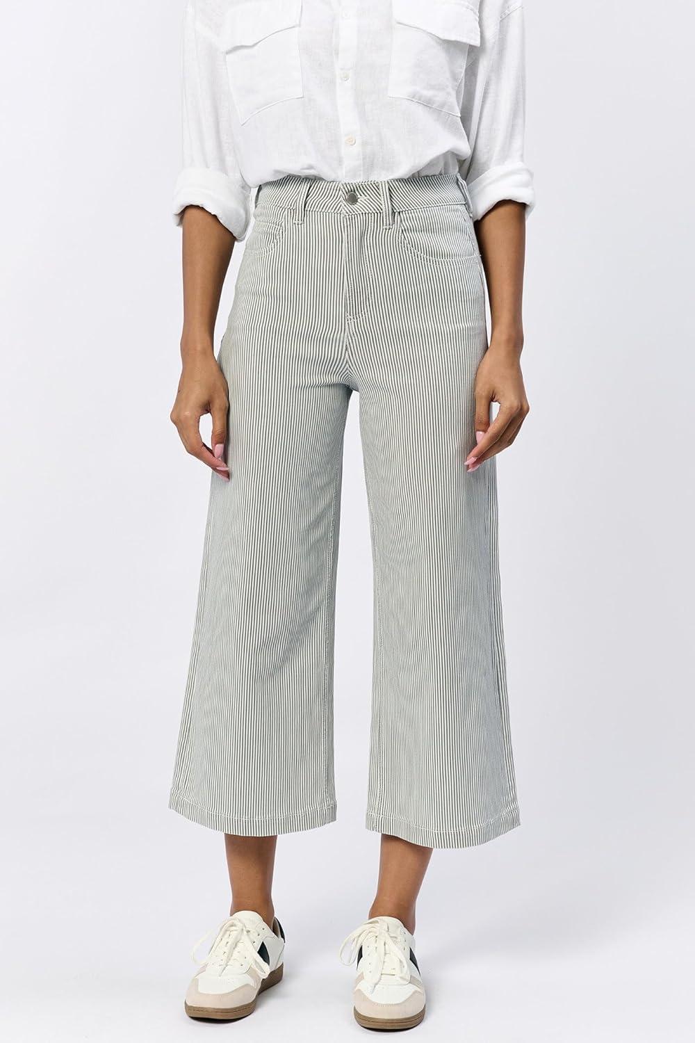 imageDEAR JOHN Audrey Wide Leg Jeans Womens High Rise Cropped Color Denim Comfort Stretch Clean Hem Utility Inspired Tailored FitRailroad Grey