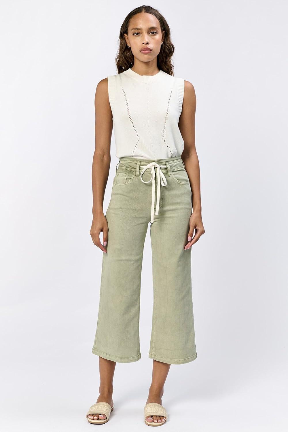 imageDEAR JOHN Audrey Wide Leg Jeans Womens High Rise Cropped Color Denim Comfort Stretch Clean Hem Utility Inspired Tailored FitSage