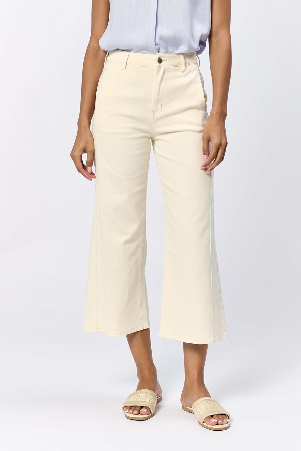 imageDEAR JOHN Audrey Wide Leg Jeans Womens High Rise Cropped Color Denim Comfort Stretch Clean Hem Utility Inspired Tailored FitWheat